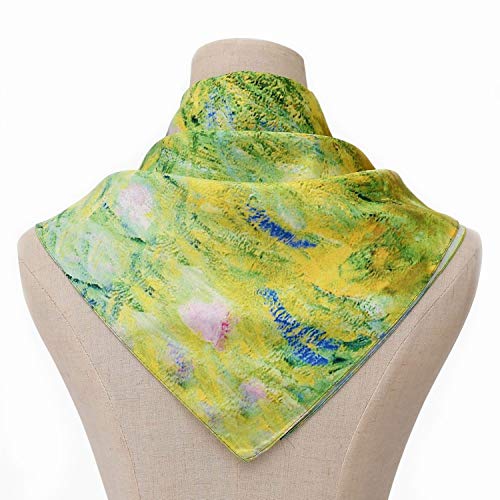 100% Mulberry Silk Scarf-Printed or Solid Color 35” Square Large Silk Hair Head Wrap Scarf With Gift Box Package - color: H Pattern: Frondent Fleur-de-lis