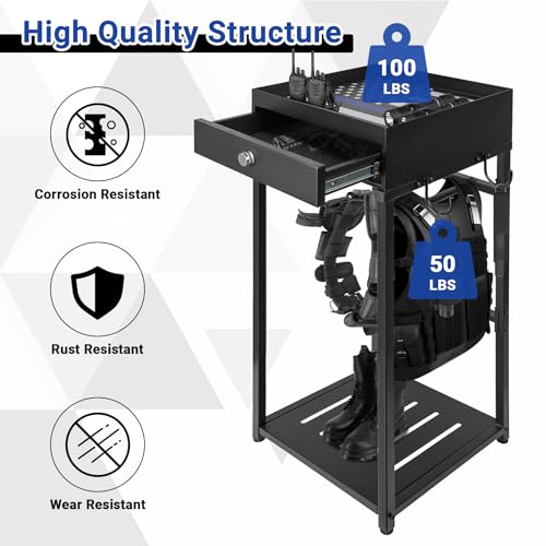 Neoaider Police Gear Rack, Police Hanger with Hooks | Tactical Duty Gear Rack Decor with Thin Blue Line Flag, Black Body Armor Stand for Police Gift - size: Police Gear Stand w/Combination Lock