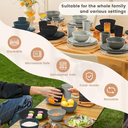 Homienly Premium 40 PCS Wheat Straw Dinnerware Set - Dinner Plates, Cereal Bowls, Unbreakable Cups Set, Microwave and Dishwasher Safe Dishes Set, Reusable Lightweight Dish Sets for Kitchen(Black Grey) - color: Black Grey, size: 40 PCS