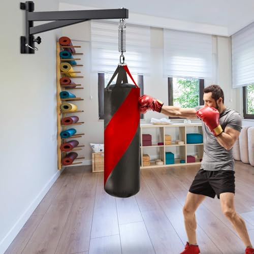 BeneLabel Heavy Bag Hanger for Punching Bag Beam Mount Hardware 360° Rotation Boxing Bag Ceiling Mount I-Beam Hanger for Hanging Heavy Punching Bags Wall Hangers - color: 24" Black wall hanger with spring
