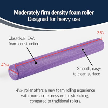 OPTP PRO-ROLLER Standard Density Foam Roller – Round, Purple, 36" x 4" | Durable roller for back massage, deep tissue foam roller exercises, stretching, fitness, yoga & Pilates, purple, 36" x 4"