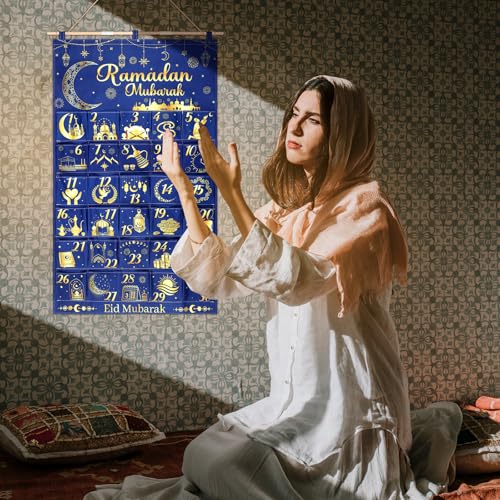 Fabric Ramadan Countdown Calendar 2026 Eid Mubarak Advent Hanging Calendar 30 Days Mystery Eid Ramadan Countdown Calendar with 30 Pockets Reusable for Home Wall Decor Party Supplies