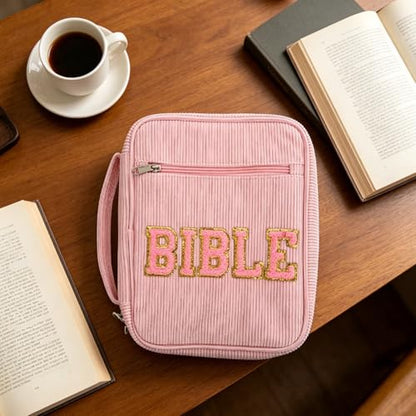 Bible Organizer Carrying Case for Religious Books and Temple Scriptures, Dustproof Corduroy Cover with Zippered Pocket, Pen Slots, and Handle, Stylish Pink Church Bible Storage Bag