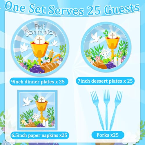 Qyeahkj 100 Pcs Baptism Plates and Napkins, First Holy Communion Party Blue Paper Disposable Tableware Decorations for Boys God Bless Decor for Christening Celebration Party Baby Shower, Serves 25 - style: First Holy Communion