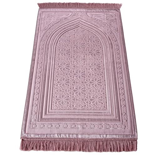 Modefa Luxury Velvet Prayer Rug with Prayer Beads | Soft Elegant Muslim Turkish Janamaz Sajada Carpet for Men and Women | Plain Solid Prayer Mat Ramadan Eid Gift - Najma (Dark Pink) - color: Najma Dark Pink