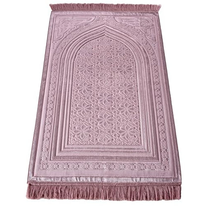 Modefa Luxury Velvet Prayer Rug with Prayer Beads | Soft Elegant Muslim Turkish Janamaz Sajada Carpet for Men and Women | Plain Solid Prayer Mat Ramadan Eid Gift - Najma (Dark Pink) - color: Najma Dark Pink