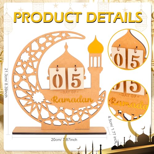 DPKOW Wooden Ramadan Advent Calendar Gifts Ramadan Decorations for Home, Crescent Mosque Countdown Calendar with Number Plates for Islamic Muslim Party Table Decor Moon Tabletop Decorations for Home