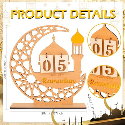 DPKOW Wooden Ramadan Advent Calendar Gifts Ramadan Decorations for Home, Crescent Mosque Countdown Calendar with Number Plates for Islamic Muslim Party Table Decor Moon Tabletop Decorations for Home