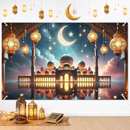BlissYard Eid Mubarak Backdrop Moon Mosque Lantern Decorations 71 x 43 Inch - color: Eid Decorr#005