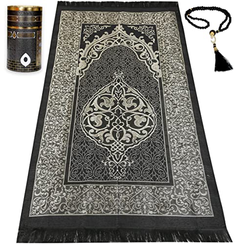 Muslim Prayer Rug Islam and Beads, Kaabe Design Box Eid, Ramadan and Islamic Gifts Prayer Rug Salah Mat Taffeta Fabric Black Soft Prayer Mat Men and Women (Black) - color: Black