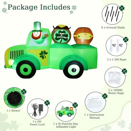 Lewondr 7.87FT St Patricks Day Inflatable Outdoor Decorations, Inflatable Leprechaun Drive a Car with Shamrocks, Blow up Yard Decoration with 11 Build-in Lights for Holiday Party Yard Lawn Garden - style: Green Car