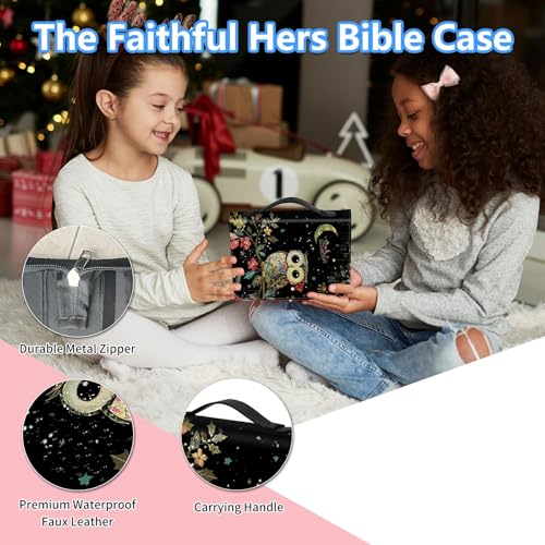 Bible Cover Case for Women, PU Leather Large Bible Cases with Zipper Fits Books Up to 12" x 9" x 2.76”, Bible Carrying Bag for Men, Christmas Owl - color: Christmas Owl