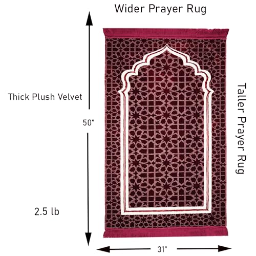 Modefa Muslim Prayer Rug - Large Plush Velvet - Andalus (Red) | For Islamic prayers, salah. For men or women; thick plush soft praying mat - color: Red