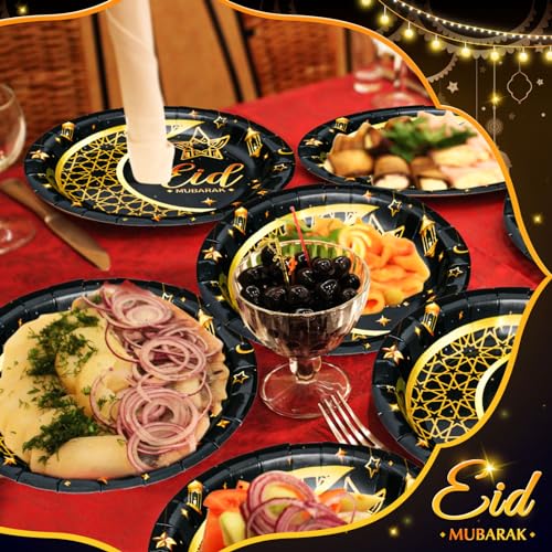SiliFine 100 Pcs Eid Al Adha Islamic Ramadan Party Decorations Supplies Eid Adha Muslim Paper Plate Bulk 7 Inch Disposable Dessert Plate Mubarak Dinner Tableware Decoration(Black and Gold)