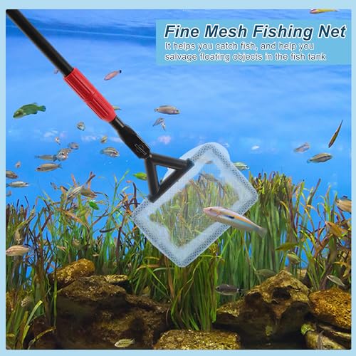 Fish Tank Cleaning Tools, 6 in 1 Fish Tank Cleaning Tools, Aquarium Cleaning Kit, Adjustable Telescopic Long Handle, with Scraper, Fish Net, Gravel Rake, Sponge Brush