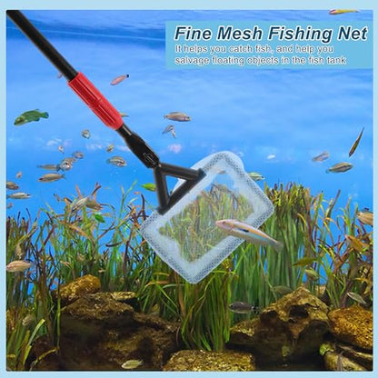 Fish Tank Cleaning Tools, 6 in 1 Fish Tank Cleaning Tools, Aquarium Cleaning Kit, Adjustable Telescopic Long Handle, with Scraper, Fish Net, Gravel Rake, Sponge Brush