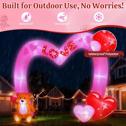 Lewondr 8FT Valentine's Day Inflatable Outdoor Decorations, Lovely Bear Pink Love Blow up Archway Romantic Yard Decoration with 8 Build-in Lights, Valentine's Inflatable Decor for Lawn Party Wedding - style: Archway