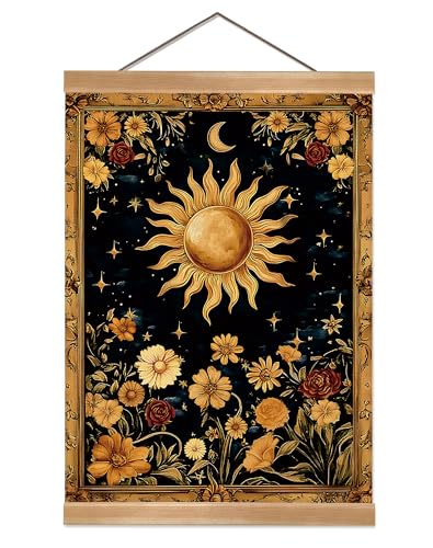 ZTGDA Sun and Moon Wall Art Decor– Vintage Hanging Wall Painting Abstract Poster with Solid Wood Frame, Boho Wall Decor,Mystical Celestial Floral Poster for Bedroom, Office(Sun) - color: Sun