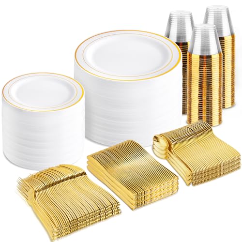 bUCLA 600Pcs White and Gold Plastic Plates - Gold Disposable Dinnerware Set for 100 Guests Include 100 Dinner & 100 Dessert Plates, 100 Cups, 100 Forks, 100 Spoons, 100 Knives for Party - color: Gold
