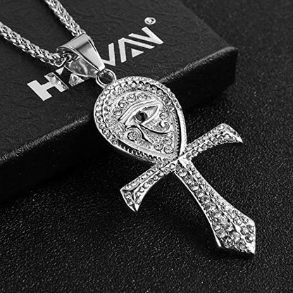 HZMAN CZ Eye of Horus Egypt Protection Pendant Coptic Ankh Cross Religious Stainless Steel Necklace - color: Silver