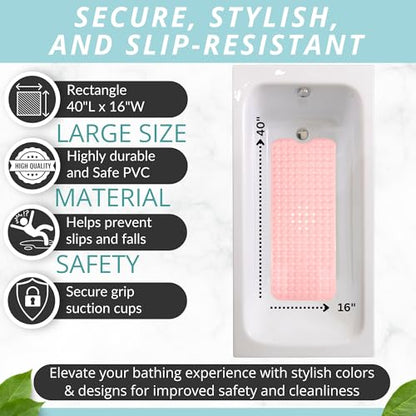 ENKOSI Non-Slip Bath & Shower Mat 40x16 Extra Long, Suction & Drain Holes | Baby Pink color; Durable PVC; 40x16 in, Baby Pink - color: Baby Pink