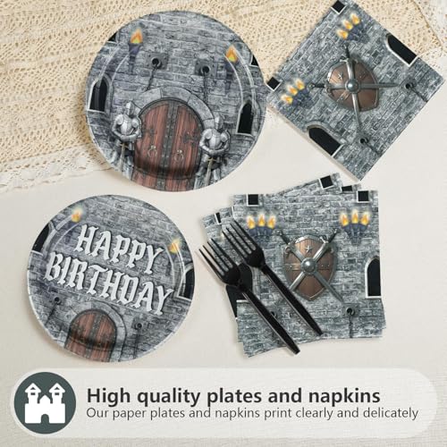 Grencian 96Pcs Medieval Castle Birthday Party Decorations, Serves 24 | Castle Plates and Napkins Disposable Medieval Knight Tableware Set for Kids Birthday Baby Shower Halloween Party Supplies - style: Medieval Castle Theme Birthday