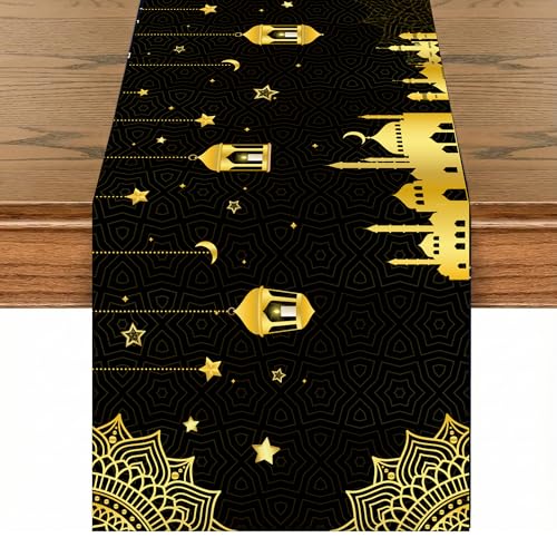 KatchOn, Black and Gold Ramadan Table Runner - 72*13 Inch | Eid Mubarak Table Runner for Eid Decorations | Ramadan Decorations | Islamic Decor