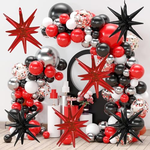 6 Pcs Star Foil Balloons One-Piece 14-Pointed Star Balloon 4D Starburst Cone Mylar Balloon 22inch Christmas Birthday Wedding Wedding Anniversary Party Supplies (Black + Red) - color: 22 Inches Black + Red