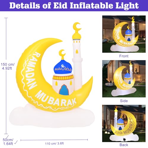 Lewondr 4.92FT Outdoor Inflatable Moon Decorations, Waterproof Inflatable Eid Mubarak Decor, Blow Up Muslim Holy Ramadan Decor with LED Lights, Outdoor Muslim Holidays Inflatables for Yard Garden - style: Moon and Cloud