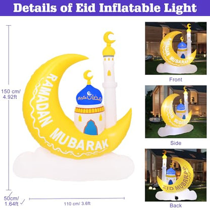 Lewondr 4.92FT Outdoor Inflatable Moon Decorations, Waterproof Inflatable Eid Mubarak Decor, Blow Up Muslim Holy Ramadan Decor with LED Lights, Outdoor Muslim Holidays Inflatables for Yard Garden - style: Moon and Cloud