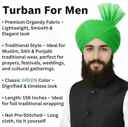 Turban For Men (156 Inches) Long Cloth – Muslim, Sikh, Punjabi Headwrap | For Prayer, Festivals & Special Occasions - color: Green