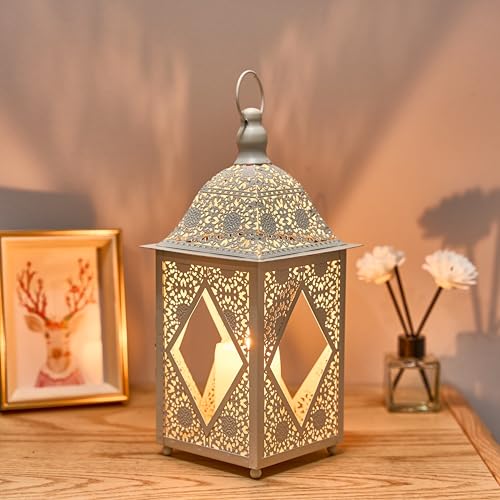 Moroccan Lantern Lamp Decorative Candle Holders for Ramadan Decorations, Hanging, Outdoor Patio or Porch, Indoor Home Decor (White 10inch) - color: White 10inch