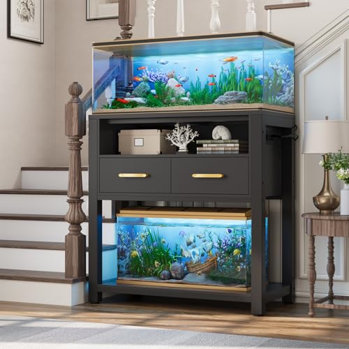 EOSVALO 20-29 Gallon Aquarium Stand with Stable Metal Frame & Power Outlet, Heavy-Duty Fish Tank Stand with Waterproof Mat, 550LBS Capacity Storage Cabinet, Black
