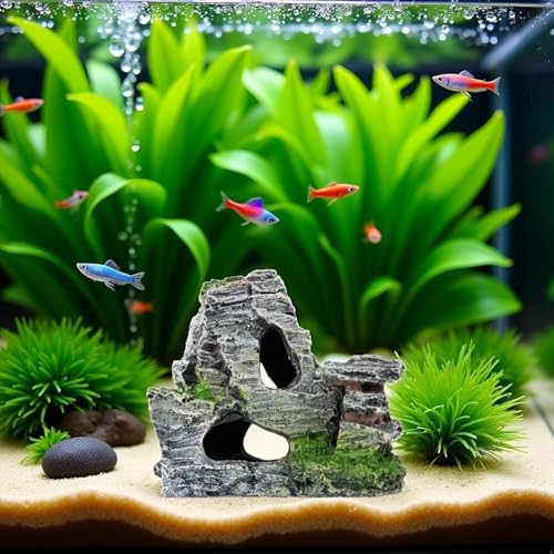 Resin Aquarium Mountain Decor with Moss Rock Cave - Multi-Level Terrain for Fish Tank Landscaping, Natural-Looking Rockery Design with Hidden Cave and Crevices for Shrimp,Reptile Habitat Aquascaping