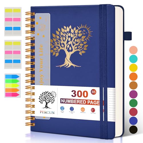 PERCUN Large Spiral Notebook Journal for Women Men - 300 Numbered Lined Pages, College Ruled,B5 Hardcover Spiral Bound Notebook for School, Work, Note Taking, Writing, Leather Spiral Journal 7"x10" - color: Navy, size: B5 size (7in x 10in)