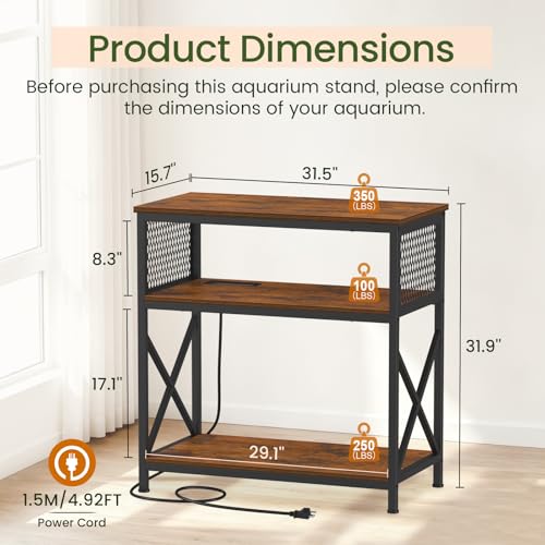 Snughome 29 Gallon Aquarium Stand with Charging Station, Heavy Duty Fish Tank Stand with Storage Cabinet, Metal Aquarium Stand Fits 20 Long, 29 & 30 Gallon Tanks, 350 LBS Capacity, Rustic Brown - color: Brown With Outlet, size: 29 Gallon