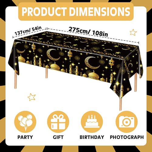 Eid Mubarak Tablecloth Ramadan Decorations for Table Ramadan Mubarak Table Cover for Eid Al-fitr Muslim Islam Party Decor Sign 54 x 108 Inch Black & White