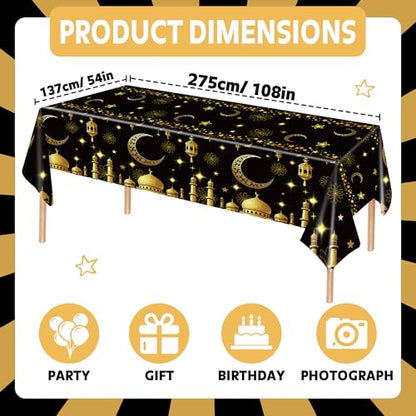 Eid Mubarak Tablecloth Ramadan Decorations for Table Ramadan Mubarak Table Cover for Eid Al-fitr Muslim Islam Party Decor Sign 54 x 108 Inch Black & White