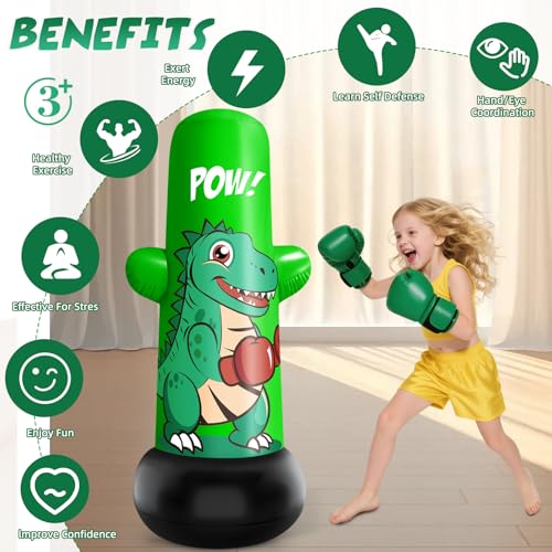 Inflatable Dino Punching Bag for Kids, 47” Tall Bop Bag Punching Toy, Inflatable Dinosaur Toy with Bounce- Back Action for Ages 3-8, Great for Boys and Girls