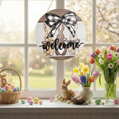 Smile Round Wooden Easter Welcome Sign - Plaid Bow & Polka Dot Bunny Design, Farmhouse Style Hanging Door Decor for Spring Holiday Home Accent - style: Easter Bow