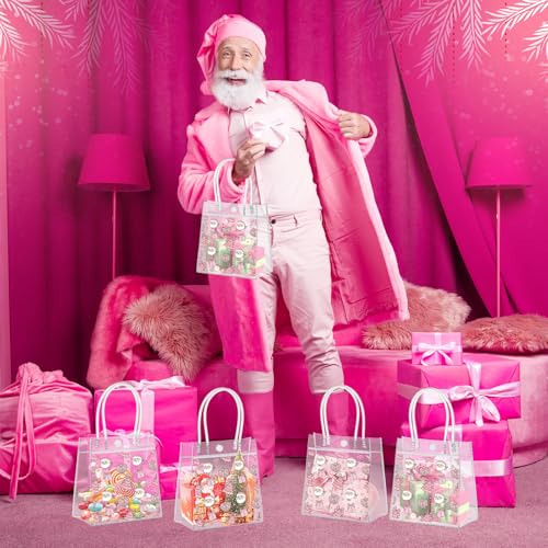 Aliceset 24 Pcs Pink Christmas Gift Bags with Handles Bulk Clear PVC Xmas Party Favor Bags Plastic Gift Wrap Totes for Holiday Presents Wrapping Treat Supplies(Santa Claus, 6.31"x 5.91"x 3.15") - style: Santa Claus