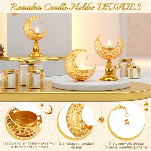 Yungyan 3 Pcs Ramadan Candlestick Holder Eid Mubarak Metal Moon Shape Tealight Candle Holder Ramadan Candle Stand Table Centerpieces for Islamic Party Wedding Festival Gift Decor