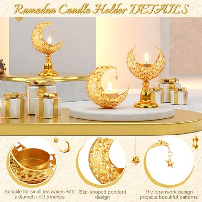 Yungyan 3 Pcs Ramadan Candlestick Holder Eid Mubarak Metal Moon Shape Tealight Candle Holder Ramadan Candle Stand Table Centerpieces for Islamic Party Wedding Festival Gift Decor