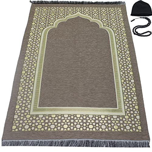 Modefa Turkish Islamic Prayer Mat - Thin Woven Chenille Sajjadah - Intricate Praying Rug Ramadan Eid Gift - Traditional Muslim Janamaz Sajada for Men Women - Geometric Selcuk Star (Beige) - color: Beige