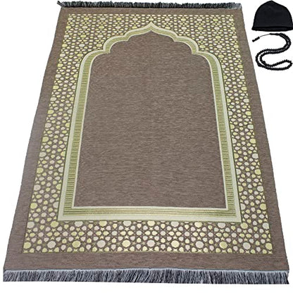 Modefa Turkish Islamic Prayer Mat - Thin Woven Chenille Sajjadah - Intricate Praying Rug Ramadan Eid Gift - Traditional Muslim Janamaz Sajada for Men Women - Geometric Selcuk Star (Beige) - color: Beige