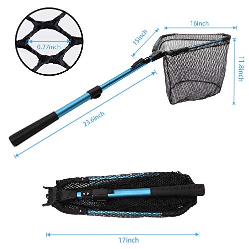 YVLEEN Folding Fishing Net - Foldable Fish Landing Net Robust Aluminum Telescopic Pole Handle and Nylon Mesh 16inch Hoop Size - color: E:16"/40cm(Telescopic Handle) Blue