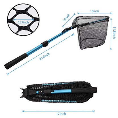YVLEEN Folding Fishing Net - Foldable Fish Landing Net Robust Aluminum Telescopic Pole Handle and Nylon Mesh 16inch Hoop Size - color: E:16"/40cm(Telescopic Handle) Blue