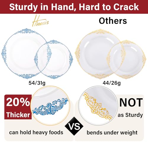 Hioasis 175pcs Clear and Blue Plates - Blue Party Plates for 25 Guest, Include 50 Heavy-duty Plates(20% Thicker Than Standard), 25 Pre Rolled Gold Plastic Silverware Set, 25 Cups for Graduation - color: Clear and Blue