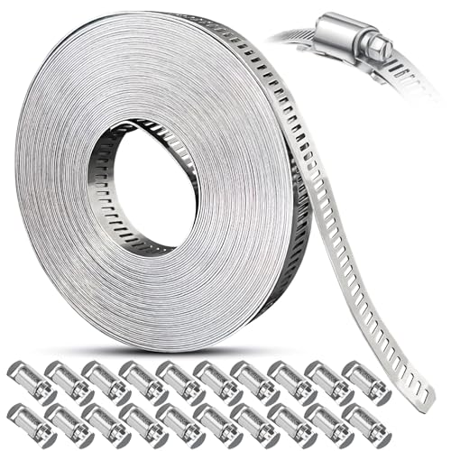 Hose Clamps Stainless Steel, Large Worm Gear Duct Pipe Hose Clamp Assortment Kit, Band Fittings Strap, 32.81FT Adjustable Metal Bolt with 20 Stronger Fasteners Screw for Plumbing Auto Tube Fuel Line - size: 1 Set - 10 m Metal Strap + 20 Fasteners