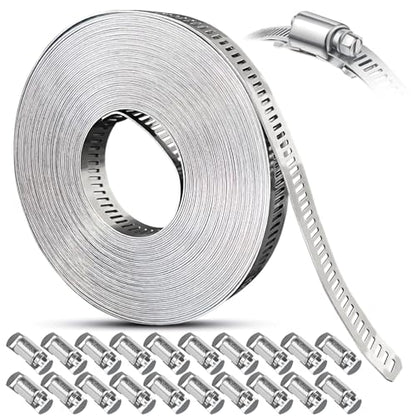 Hose Clamps Stainless Steel, Large Worm Gear Duct Pipe Hose Clamp Assortment Kit, Band Fittings Strap, 32.81FT Adjustable Metal Bolt with 20 Stronger Fasteners Screw for Plumbing Auto Tube Fuel Line - size: 1 Set - 10 m Metal Strap + 20 Fasteners